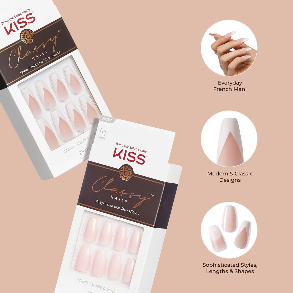 KISS Classy French Tip French Tip Press On Nails, Dashing, White, Medium Almond, 28 Count