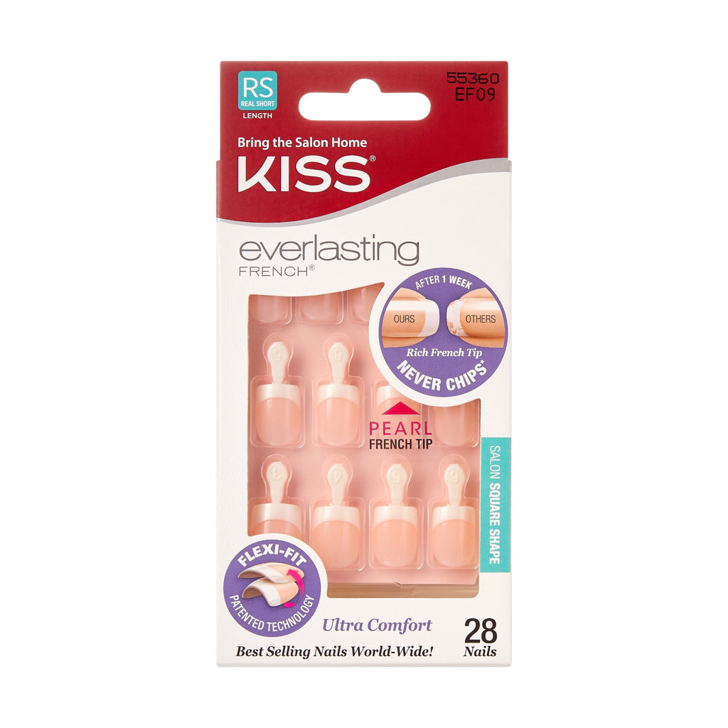 KISS Everlasting French Press on Nails, String Of Pearls, White, Real Short Squoval, 28 Count