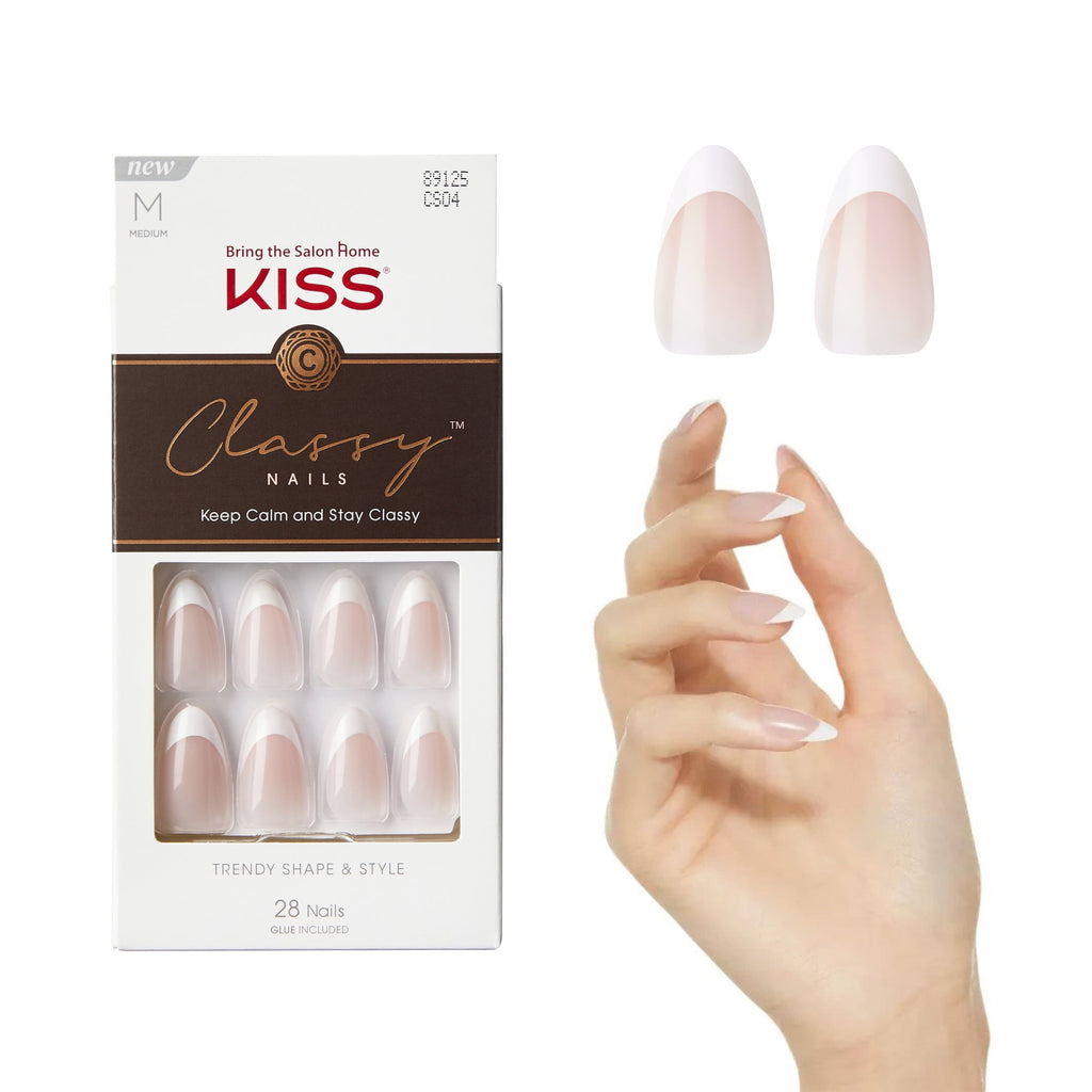 KISS Classy French Tip French Tip Press On Nails, Dashing, White, Medium Almond, 28 Count
