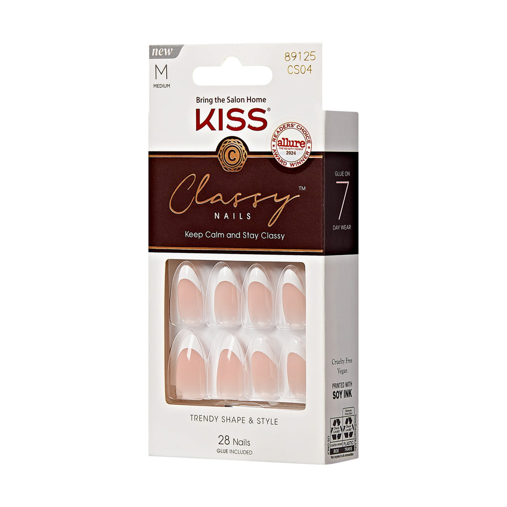 KISS Classy French Tip French Tip Press On Nails, Dashing, White, Medium Almond, 28 Count