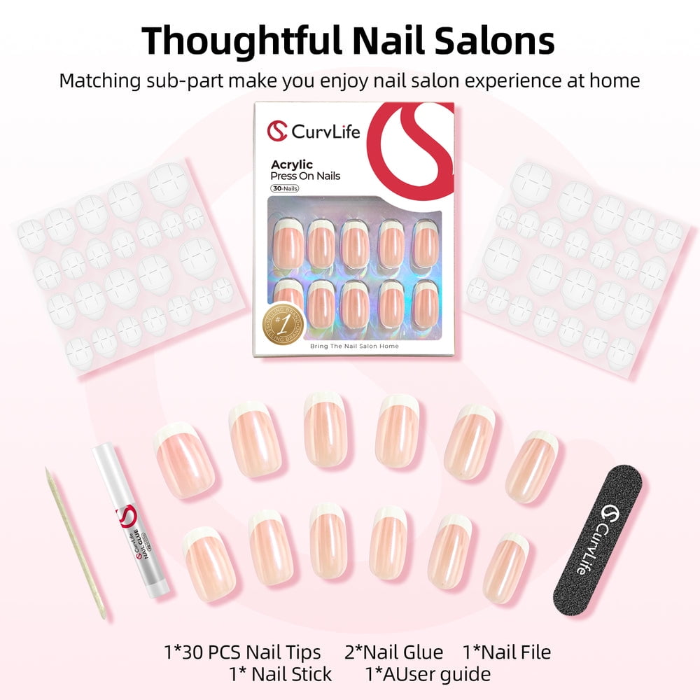 CurvLife Pink & White Ombre Mirror Press-On Nails - 24PCS Short Square, Non-Toxic & Reusable, Salon Quality