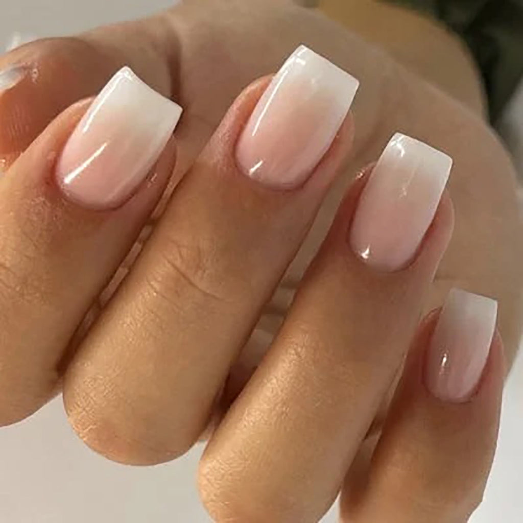 CurvLife Pink & White Ombre Mirror Press-On Nails - 24PCS Short Square, Non-Toxic & Reusable, Salon Quality