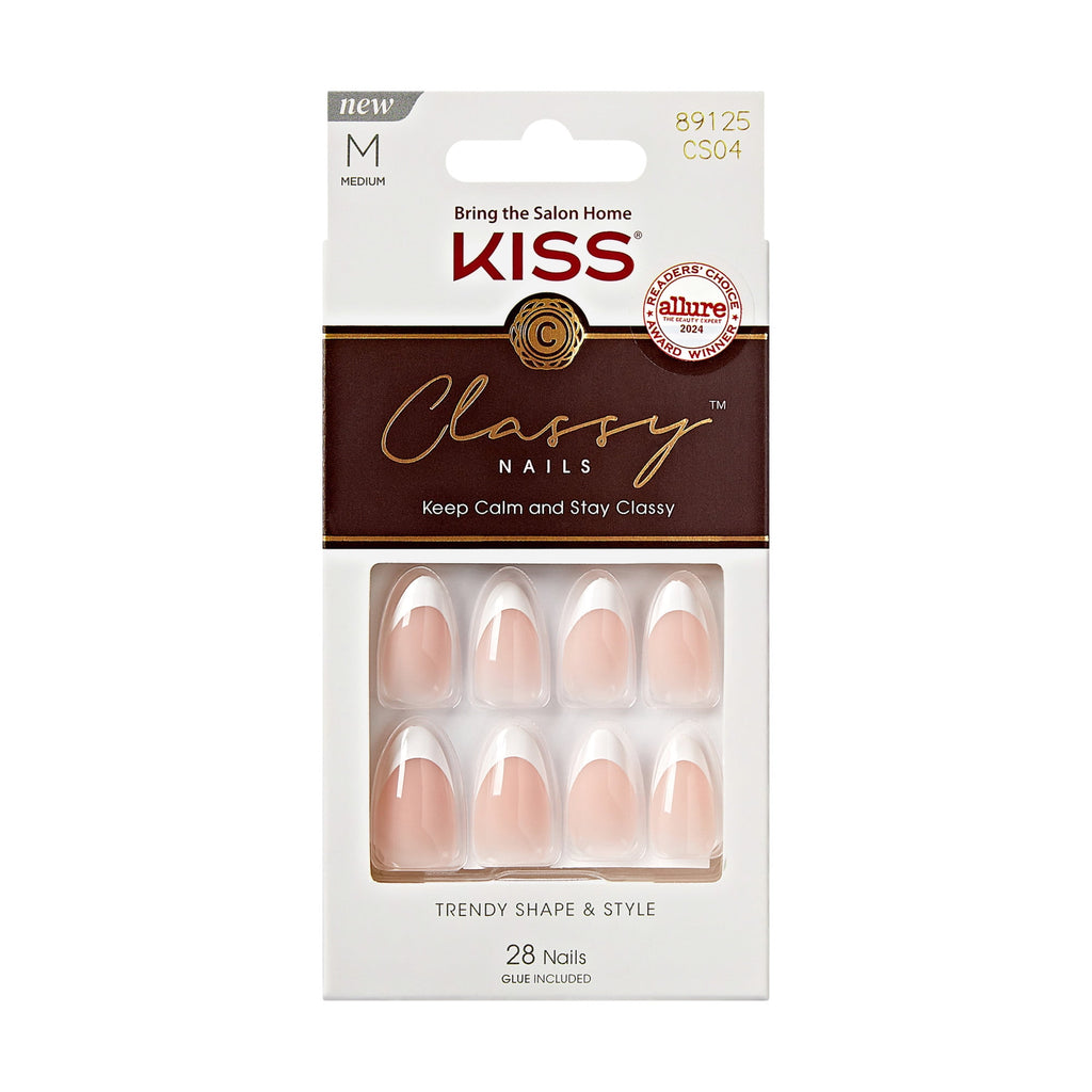 KISS Classy French Tip French Tip Press On Nails, Dashing, White, Medium Almond, 28 Count