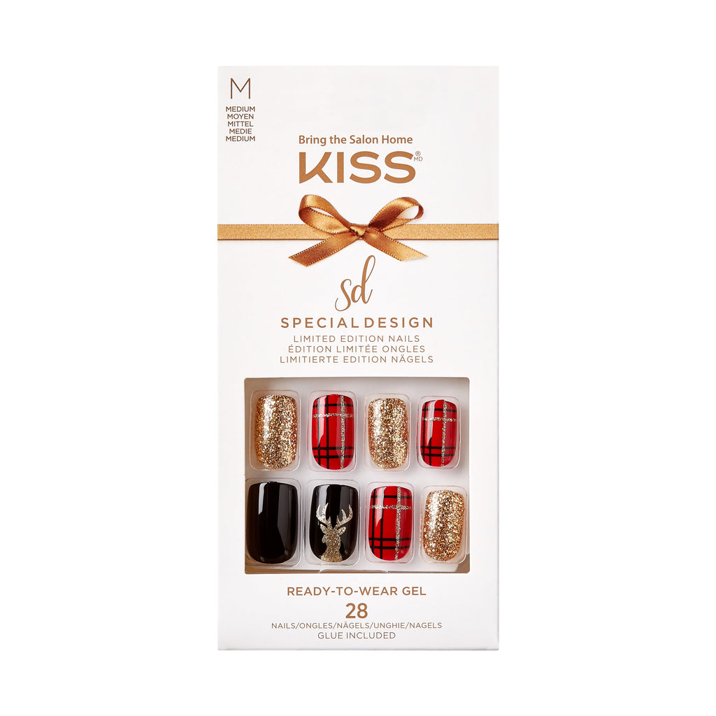 KISS Special Design Limited Edition Medium Square Holiday Fake Nails, Multi, 28 Pieces