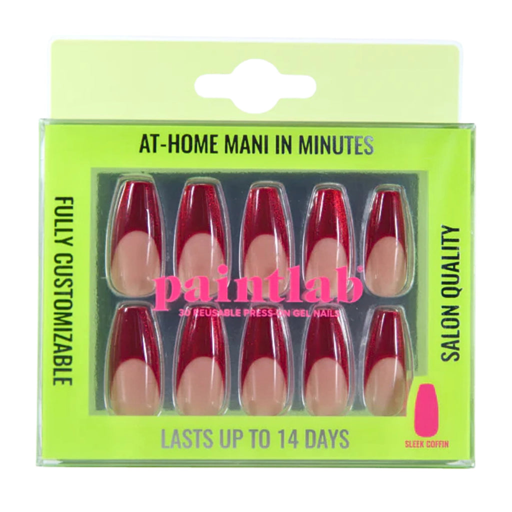 PaintLab Reusable Gel Press on Nails Kit, Sleek Coffin Shape, Red Chrome, 30 Count