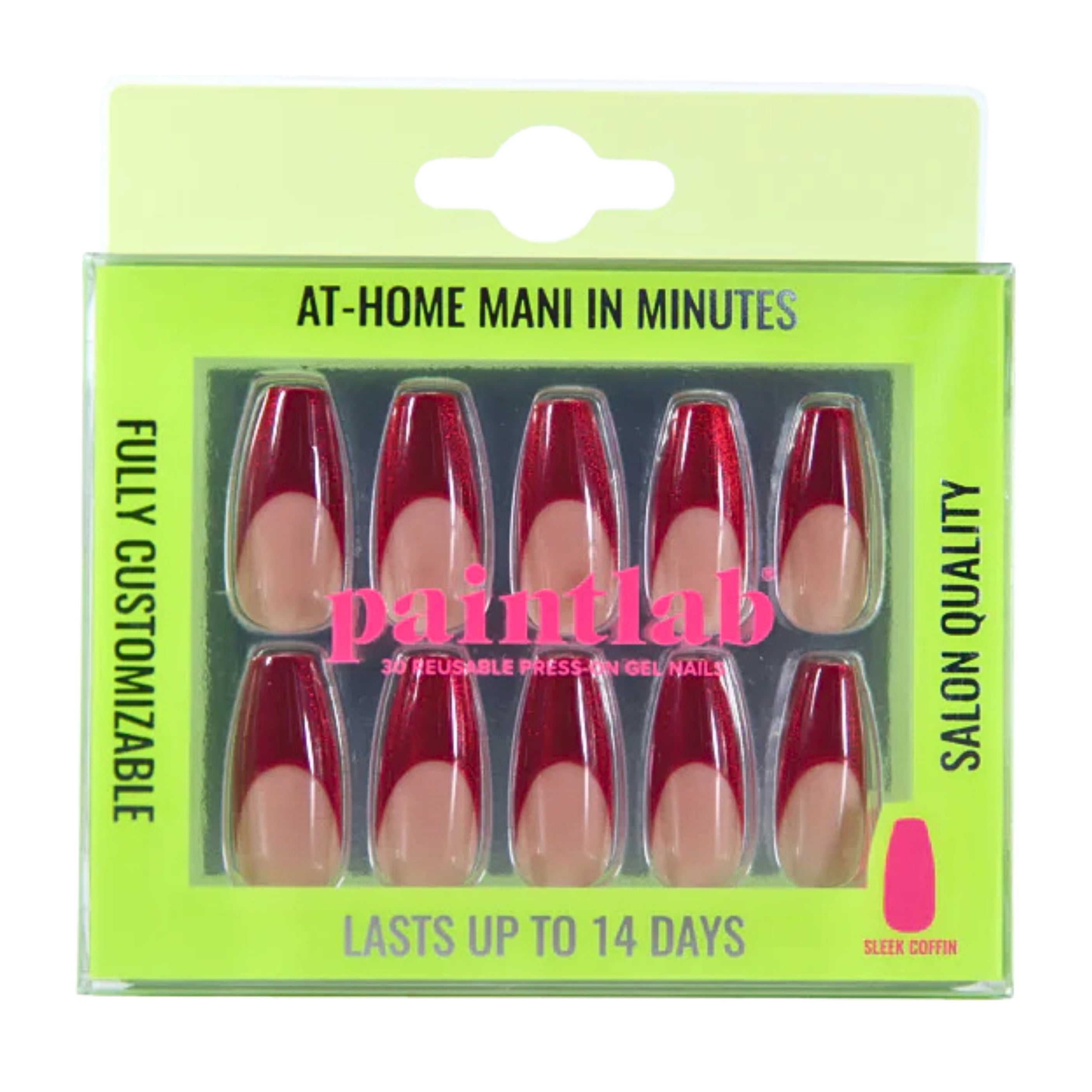 PaintLab Reusable Gel Press on Nails Kit, Sleek Coffin Shape, Red Chrome, 30 Count