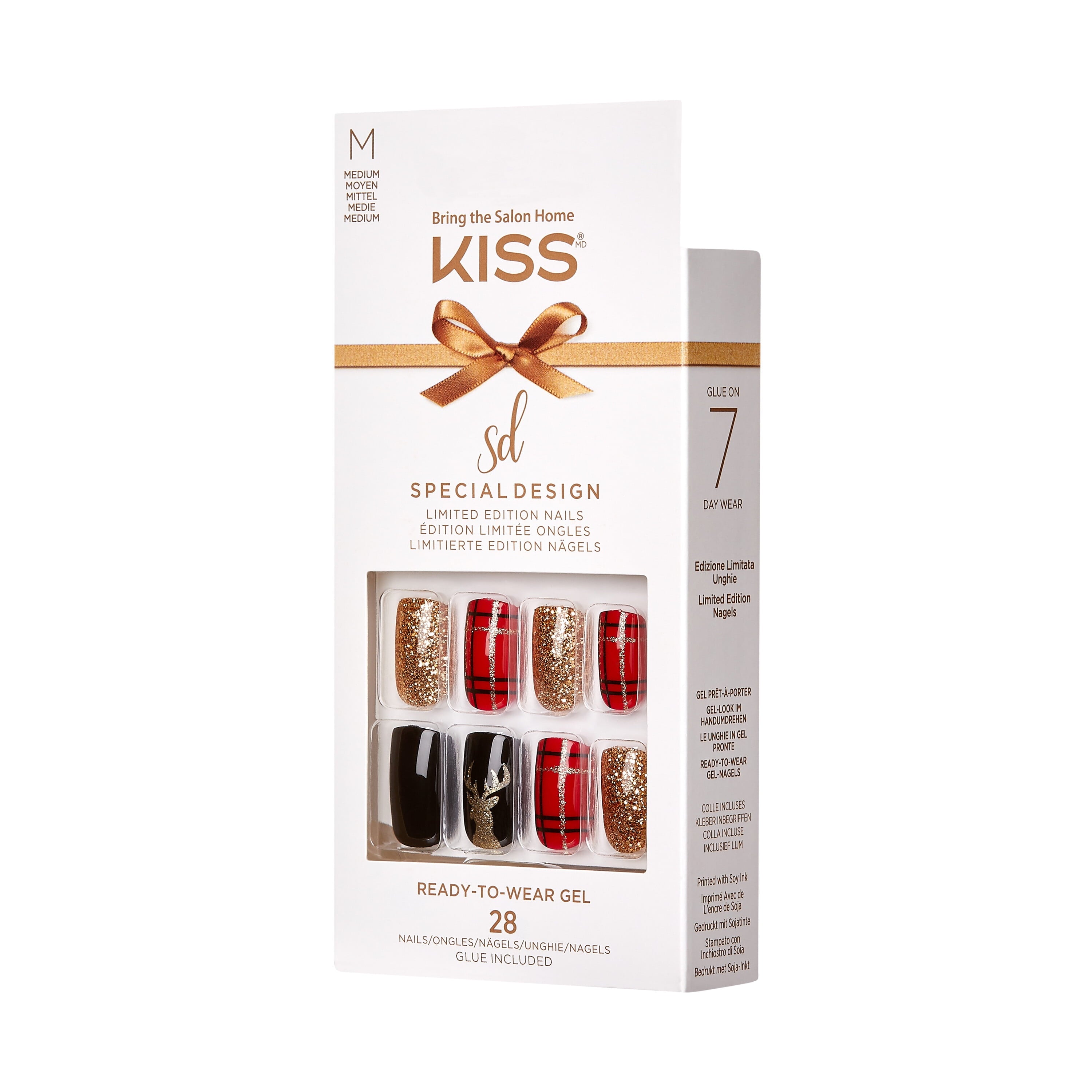 KISS Special Design Limited Edition Medium Square Holiday Fake Nails, Multi, 28 Pieces