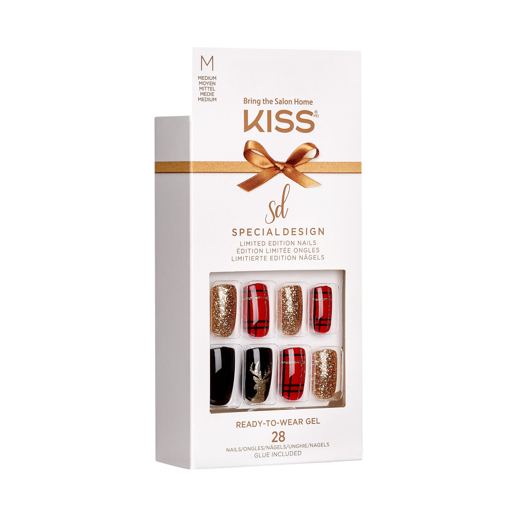 KISS Special Design Limited Edition Medium Square Holiday Fake Nails, Multi, 28 Pieces