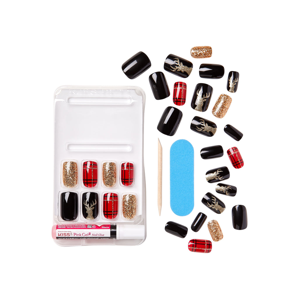 KISS Special Design Limited Edition Medium Square Holiday Fake Nails, Multi, 28 Pieces