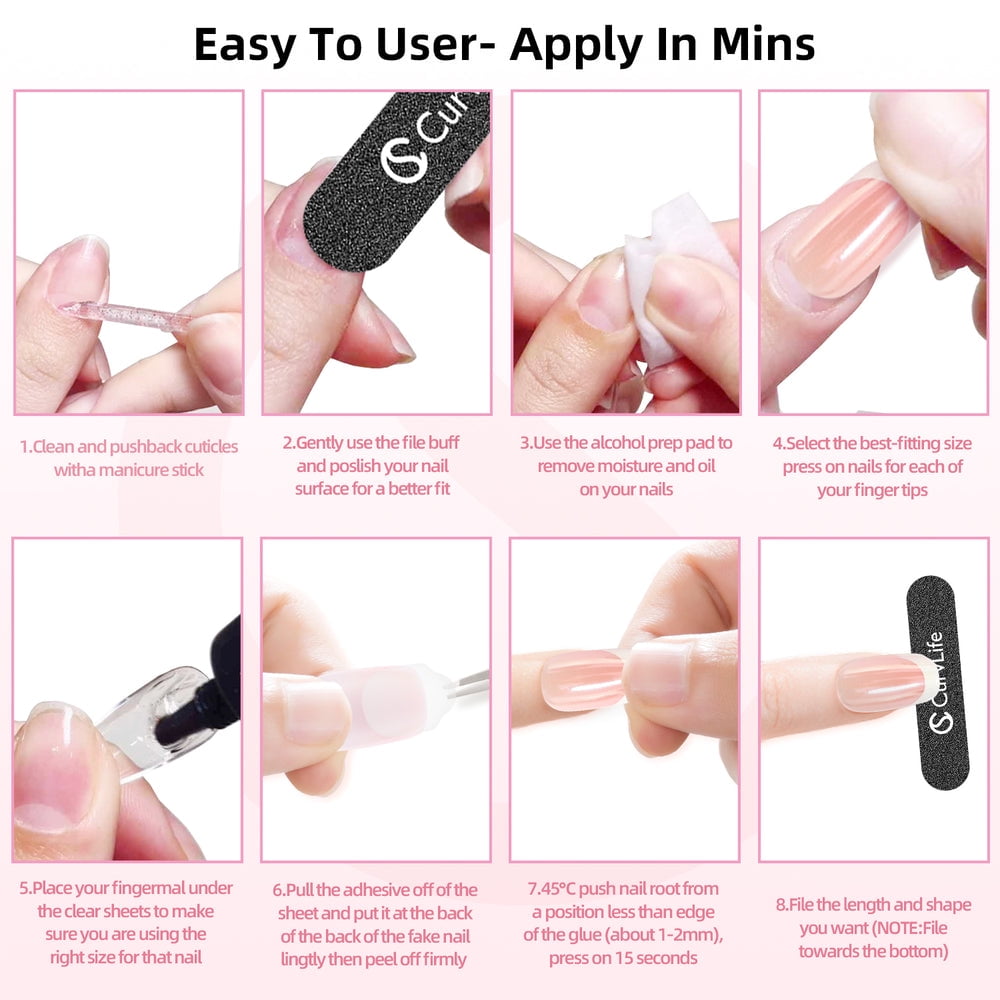 CurvLife Pink & White Ombre Mirror Press-On Nails - 24PCS Short Square, Non-Toxic & Reusable, Salon Quality