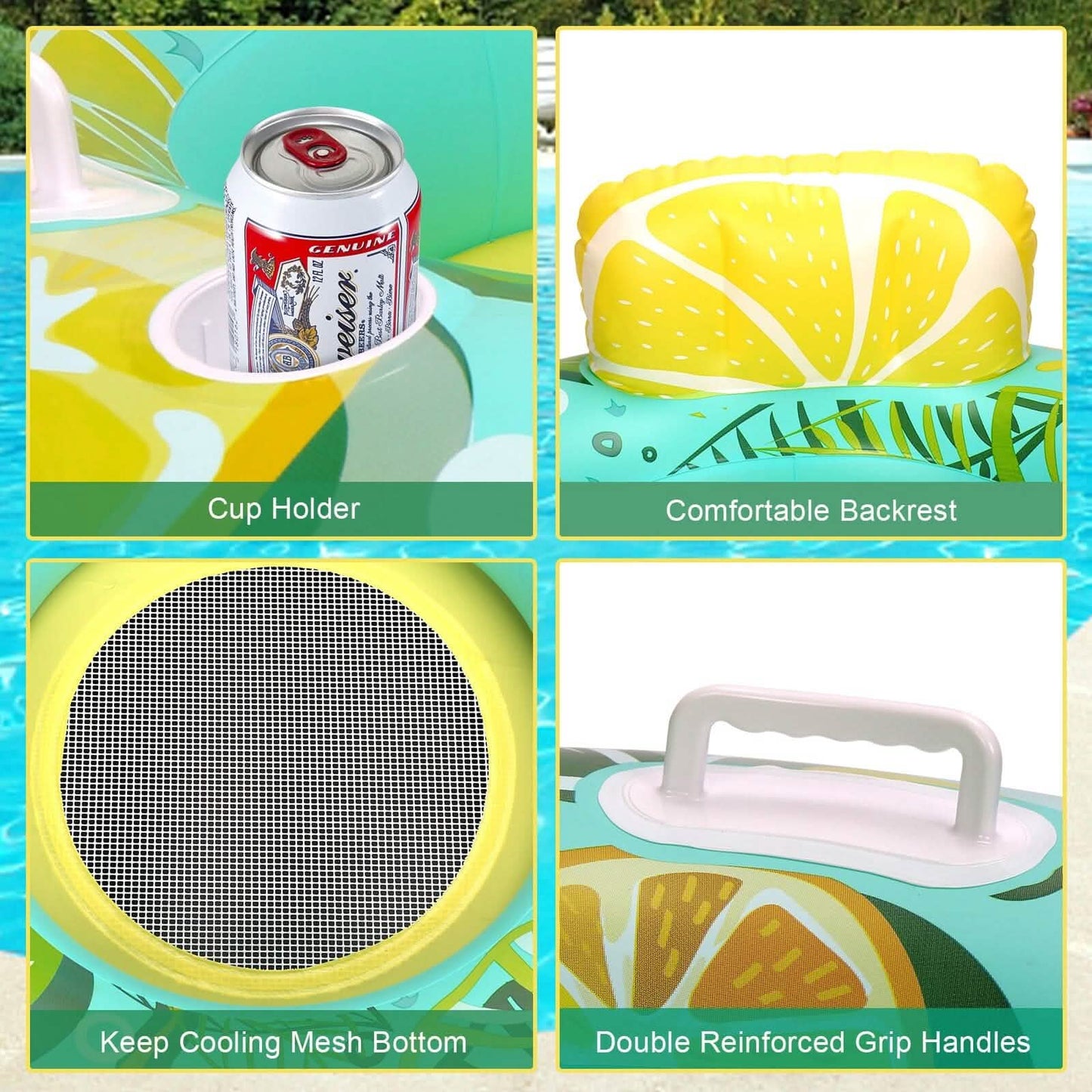 Inflatable Lounger Pool Float with Rubber Handle and Drink Holder